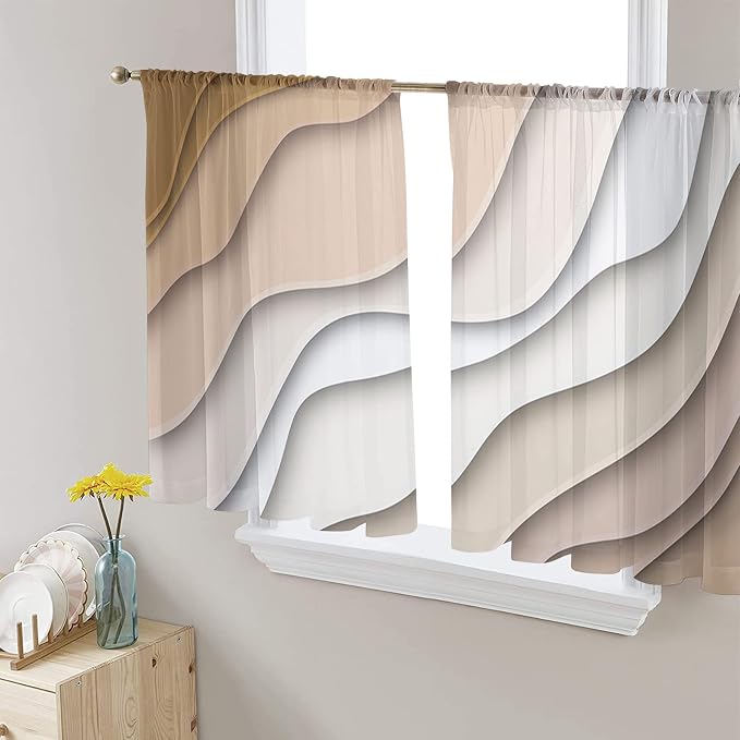 Geometric Sheer Curtain 54 Inch Rod Pocket Ombre Cream Beige Living Room Bedroom Kitchen Cafe Window Curtains & Drapes,Modern Abstract Ocean Beach Seawaves Chiffon Tulle Curtains,Brown White 104"x54"