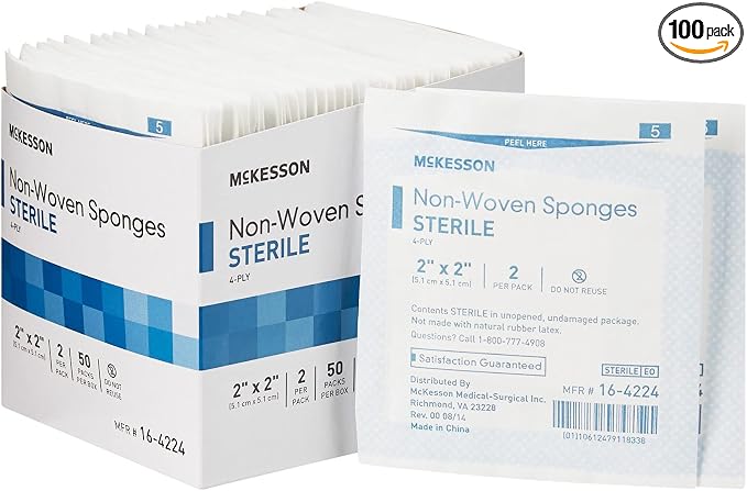 McKesson Non-Woven Sponges, Sterile, 4-Ply, Polyester/Rayon, 2 in x 2 in, 2 per Pack, 50 Packs, 100 Total