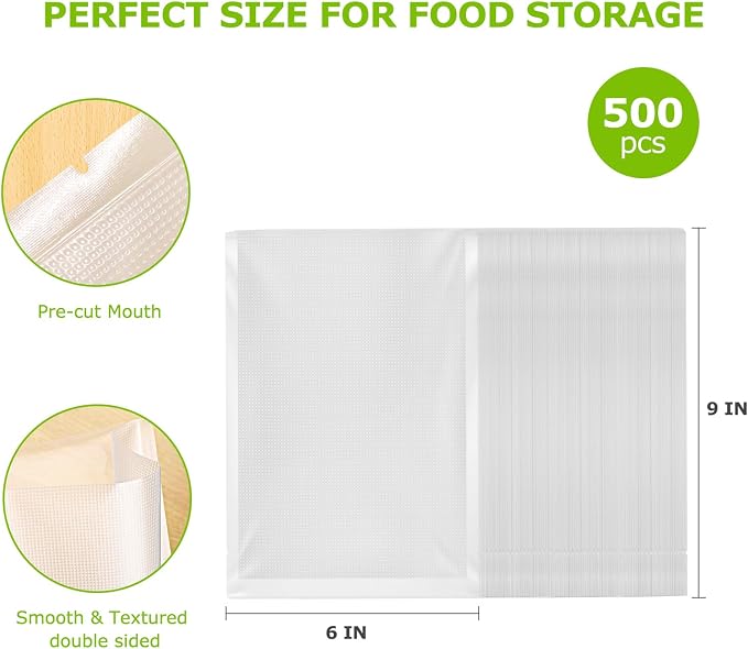 Bonsenkitchen Precut Vacuum Sealer Bags, 500 Pint 6" x 9" Food Sealer Bags | Commercial Grade, Heavy Duty, Customized Size Vacuum Bags for Vac Storage, Meal Prep or Sous Vide Cooking