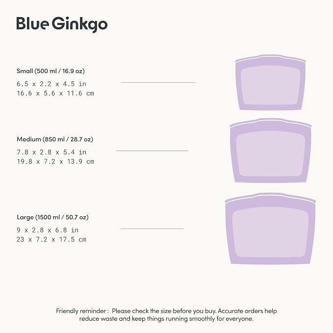 Blue Ginkgo Reusable Silicone Storage Bags – 3-Pack | Korean-Made Stand Up Food, Freezer Bags - Lavender