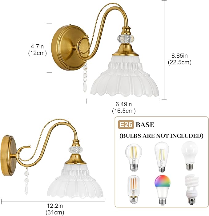 1 Piece Vintage Wall Sconce, 1-Light Brushed Gold Finish Wall Sconce with Hanging Crystal Accents and Flower-Shaped White Shades for Bathroom Bedroom Living Room,Vintage Vanity Light