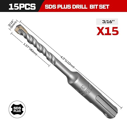 GEINXURN 15 PCS 3/16" x 4" Double Thread Rotary Hammer Drill Bits, Masonry Drill Bits Tool Set Carbide Tipped, Drilling in Brick, Stone and Concrete, Cement Walls