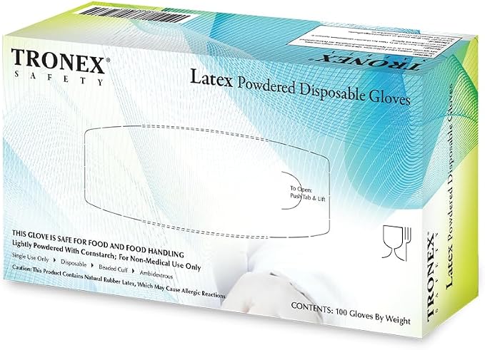 TRONEX 1510 Rubber Latex Disposable Gloves, Non Medical, General Purpose, Food Handling, Food Preparation, Light Industrial, Smooth Finish, Corn Starch Powdered, Natural Color, Small, Box of 100
