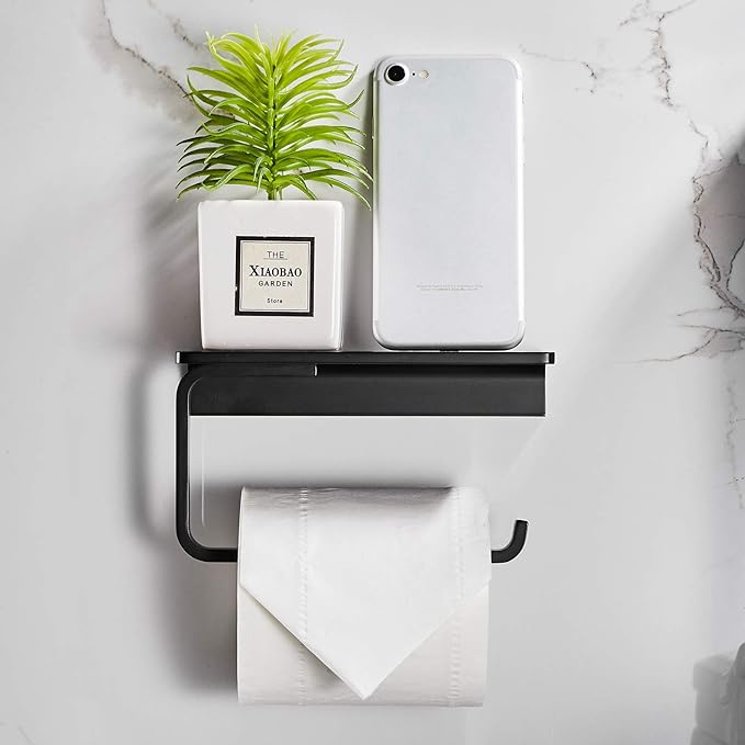 Toilet Roll Paper Holder Bathroom Solid Brass and Superior Hotel Style Wall Mount Tissue Roll Holder with Phone Shelf Matte Black Finished
