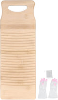 Tyenaza Wooden Color Bamboo Washboard - 19.7in Long, Thick NAT-Ural Bamboo, Wear - Resistant Wash Board with 1 Pair of Gloves and Soap Net for Home Laundry