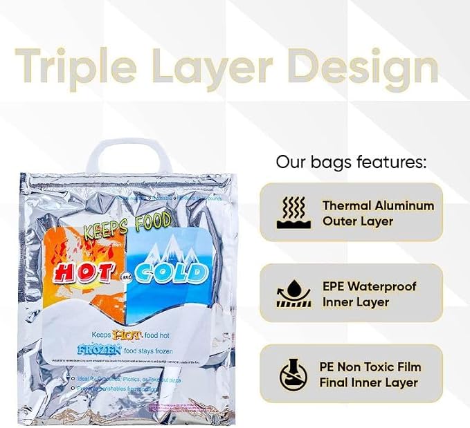 Superio Hot and Cold Insulated Bags for Food Delivery, Grocery Shopping Bags, Food Storage for Hot and Frozen Food for Travel, Disposable Cooler Bag, Reinforced Thermal Lunch Bag (24, 16"x19.25")