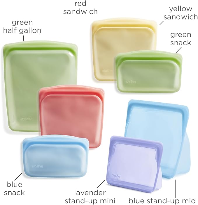 Stasher Reusable Silicone Food Storage Bags, 7-Pack, Multicolor | Food-Safe Silicone, Eco-Friendly, Reusable Freezer Bags, Microwave, Dishwasher, Oven, Sous Vide, Meal Prep, Lunch, Food-Safe