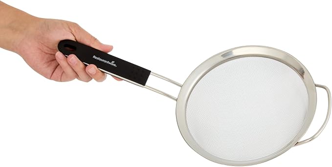 Restaurantware Fine Mesh Strainer 1 Count 14.4" x 7" x 2.9" with Silicone Handle Stainless Steel Extra Fine Mesh Strainer Heat-Resistant Handle Dishwasher-Safe for Rice, Quinoa, Pasta