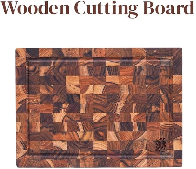 Teak Wood End Grain Cutting Board 13.8 x 9.8 Inch, Solid Wood Kitchen Cutting Board for Meat & Daily Prep, Knife-Friendly Cutting Board with Juice Groove & Handle by New M Way