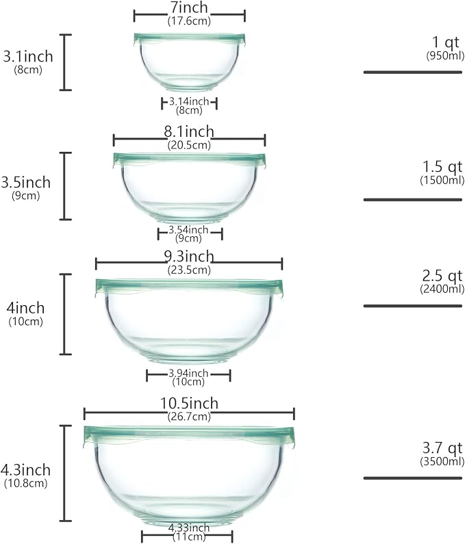 Luvan Glass Mixing Bowl with Airtight Lids, (1QT, 1.5QT, 2.5QT, 3.7QT), 8-piece Kitchen Salad Bowls Clear Nesting Big Cooking Bowl, Microwave Oven Safe for Meal Prep,storage,Baking,Serving