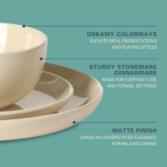 Gibson Home Rockaway 12 Piece Plates and Bowls Matte Glaze Service for 4 Dinnerware Set - Warm Cream - Dishwasher and Microwave Safe