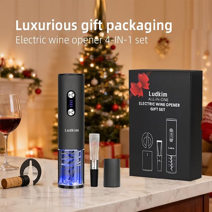 Electric Wine Opener Set, Rechargeable 4-in-1 Corkscrew Luxury Gift Box with Charging Vacuum Stopper, Aerator Pourer & Foil Cutter,Cordless Metal Automatic Bottle Opener Kit for Men & Women