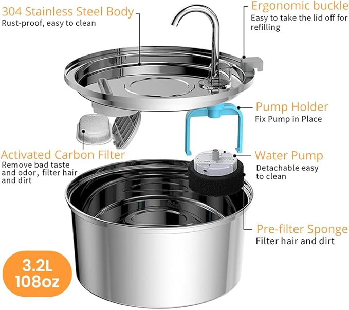 KittySpout Stainless Steel Cat Water Fountain Automatic Drinking Fountain, Quiet Circulating Water Bowl, Dishwasher Safe, Indoor Pet Fountain for Hydrated Healthy Cats (Stainless Steel, 3.2L Corded)