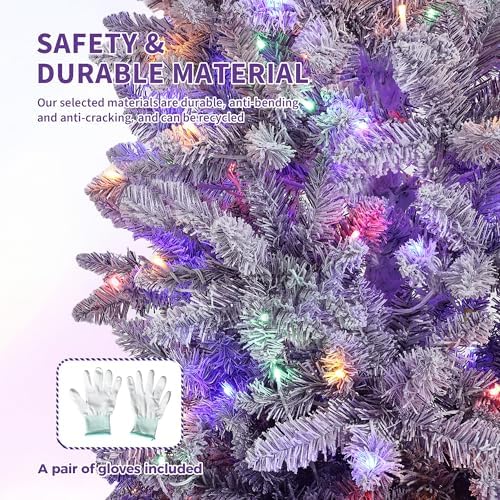 GarveeHome 6 ft Prelit Artificial Christmas Tree with RGB & Warm White Lights, Pre-Lit Snow Flocked Pencil Christmas Tree, Foldable Base,Holiday Decoration for Home, Office, Party,Purple Gradient