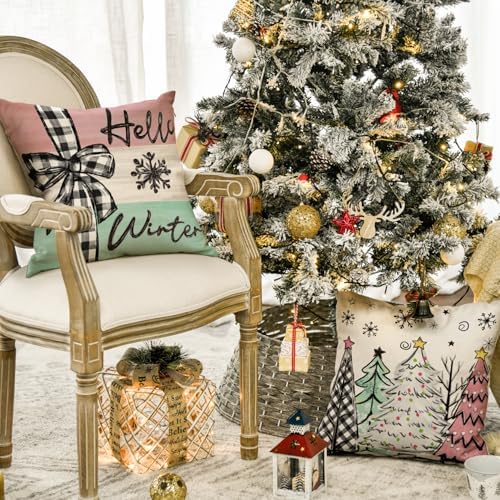 AVOIN colorlife Merry Christmas Joy Xmas Trees Colorful Throw Pillow Covers, 18 x 18 Inch Christmas Winter Holiday Cushion Case Decoration for Sofa Couch Set of 4