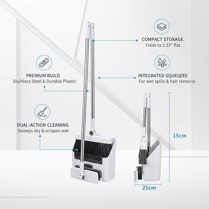 Foldable Broom and Dustpan Set with Squeegee, Stainless Steel Handle for Hard Floors, Compact 1.57-Inch Storage for Kitchen and Bathroom