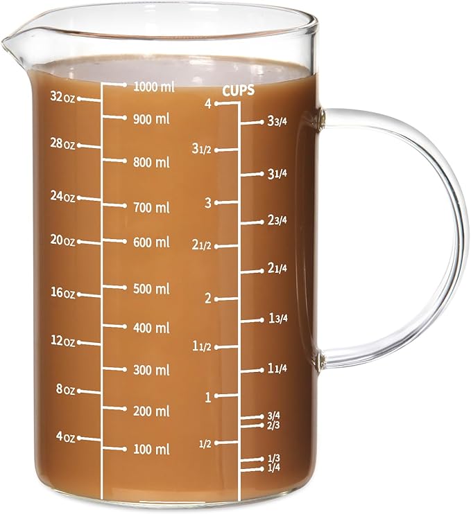 77L Glass Measuring Cup, [Insulated handle, V-Shaped Spout], High Borosilicate Glass Measuring Cup for Kitchen or Restaurant, Easy To Read, 1000 ML (1 Liter, 4 Cup)