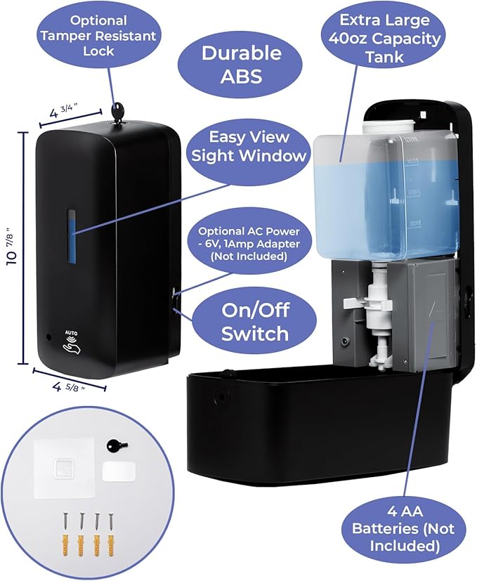 Automatic Soap Dispenser with Extra Large 40 oz. Capacity (Liquid/Gel) - Wall Mounted Hand Soap or Touchless Hand Sanitizer Unit for Commercial or Home Bathrooms - ADA Compliant (Black)