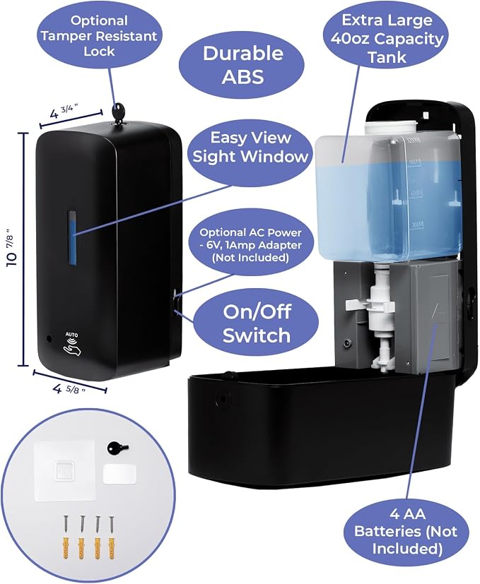 Automatic Soap Dispenser (2-Pack) with Extra Large 40 oz. Capacity (Liquid/Gel) - Wall Mounted Hand Soap or Touchless Hand Sanitizer Unit for Commercial or Home Bathrooms - ADA Compliant (Black)