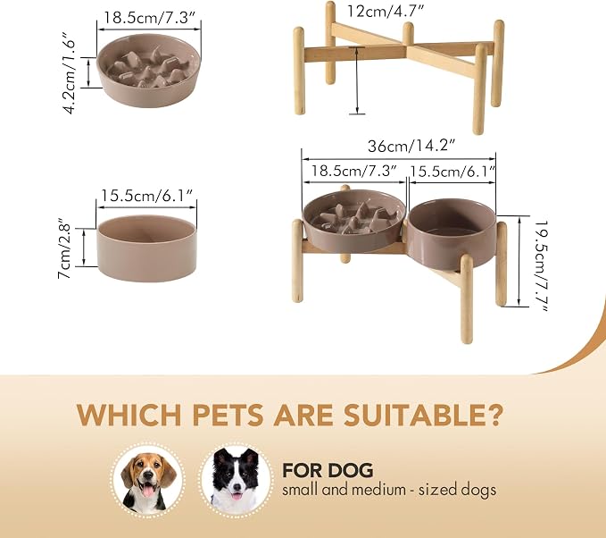 Havniva Elevated Slow Feeder Dog Bowls, Ceramic Dog Bowl Slow Feeder Set | 1.2 Cups Raised Slow Feeder Dog Bowl for Small Breed, 6.1” Dog Water Bowl with Wooden Stand, Puzzle Dog Food Bowl, Non-slip