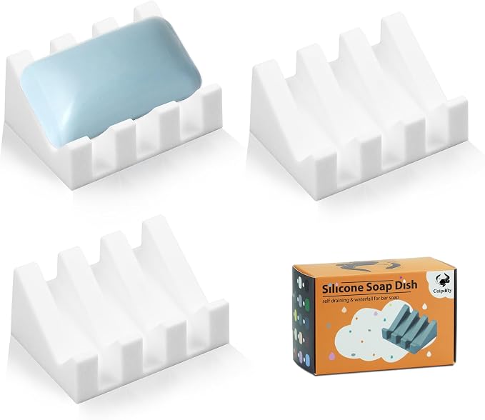 Self Draining Soap Dish Holder,Silicone Soap Dish,for Bathroom,Kitchen, Sponges，Can Extend Soap Life，Keep Soap Bars Dry and Easy Cleaning (N-White,3-Pack)