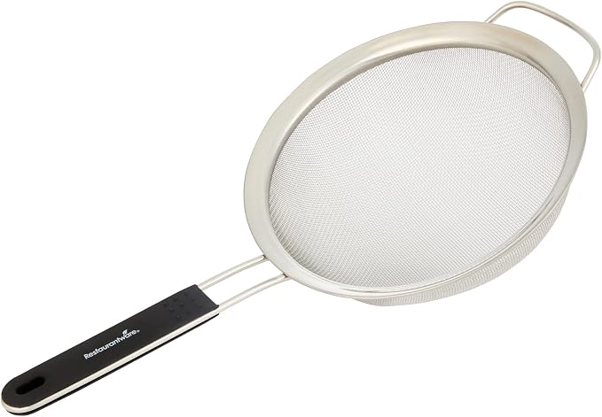 Restaurantware Fine Mesh Strainer 1 Count 15" x 7.8" x 3" with Silicone Handle Stainless Steel Extra Fine Mesh Strainer Heat-Resistant Handle Dishwasher-Safe for Rice, Quinoa, Pasta
