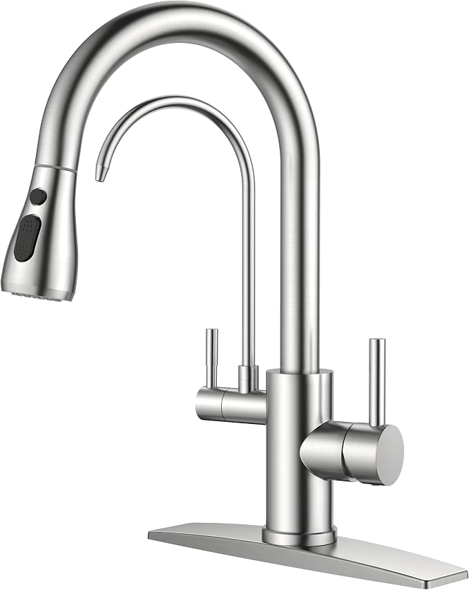 FORIOUS Kitchen Faucets with Water Filter, 2 in 1 Stainless Steel Pull Down Sink Faucet and Purified Water Faucet Rustic High Arc Single Handle with Detachable Deck for 1 or 3 Hole, Brushed Nickel