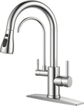 FORIOUS Kitchen Faucets with Water Filter, 2 in 1 Stainless Steel Pull Down Sink Faucet and Purified Water Faucet Rustic High Arc Single Handle with Detachable Deck for 1 or 3 Hole, Brushed Nickel