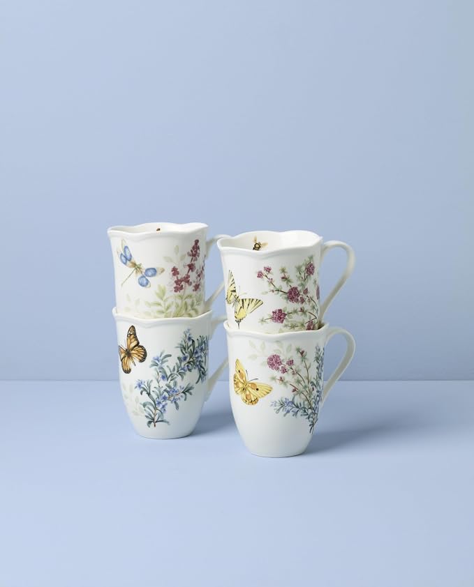Lenox Butterfly Meadow Herbs Porcelain Mug Set for 4, 12oz | Dishwasher safe, microwave safe | floral design | coffee mug gift for coffee lovers | 4.25 inch, 12oz