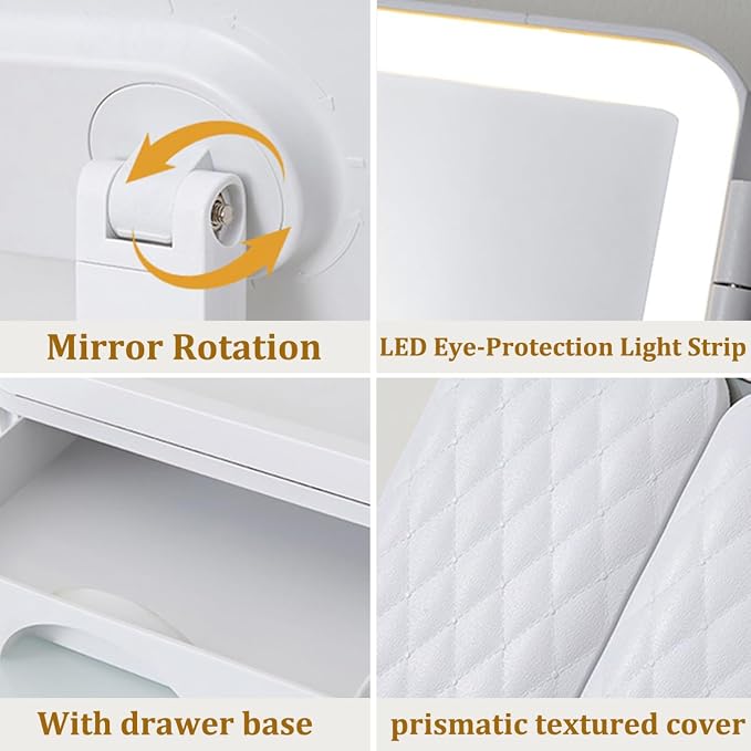 Tri Fold Lighted Makeup Mirror with Storage & 3X Magnification, Small Vanity Mirror, 3-Color Dimmable LED Vanity Mirror, Touch Control Vanity Mirrors, Travel Makeup Mirror for Women (White)