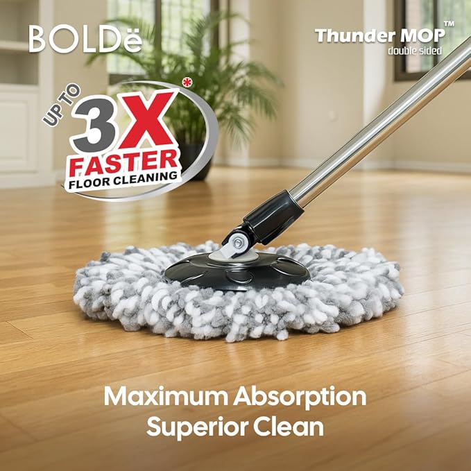 Thunder Mop Spin System - Double-Sided - 3 Free Refills (Yellow/Blue) | 2 Compact Stackable 6L Buckets, Microfiber Head, Stainless Steel Wringer, Antifungal Quick-Dry Cleaning, Soap Dispenser