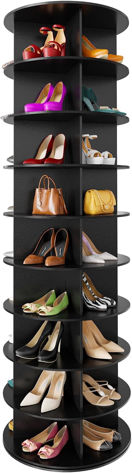 SpaceAid 9 Tier Rotating Shoe Rack Tower, Spinning Shoe Display Lazy Susan, Revolving 360 Shoe Rack Storage Round Carousel, Vertical Handbag Rotate Shoes Closet Organization (9-Tier Black)