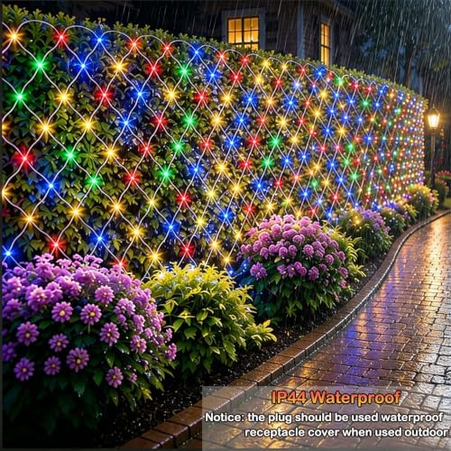 Lovelite 610LED Net Lights, 34.5ft x 5ft Christmas Net Lights Outdoor 8 Modes, Waterproof Connectable String Lights Green Wire Plug in for Bushes Xmas Tree Garden Holiday Party Decor - Multicolor