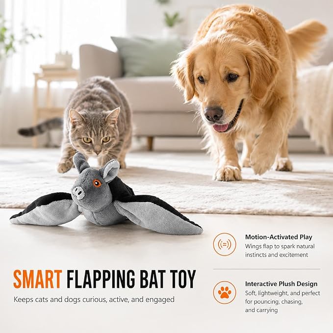 Flying Bat Toy for Dogs & Cats Realistic Bat Flight Flapping Wings Interactive Pet Toy with Chirping Mimics Real Flying Motion Detachable USB Rechargeable Hanging and Ground Play，2sets