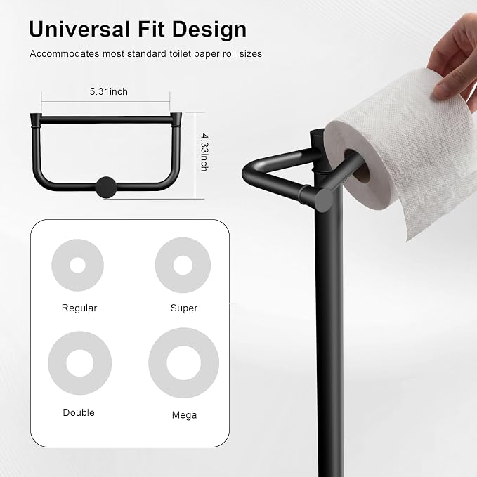 Freestanding Toilet Paper Holder Stand, Heavy Duty Matte Black Stainless Steel Toilet Paper Holder with Weighted Base, Rustproof & Tool-Free Installation for Modern Bathrooms