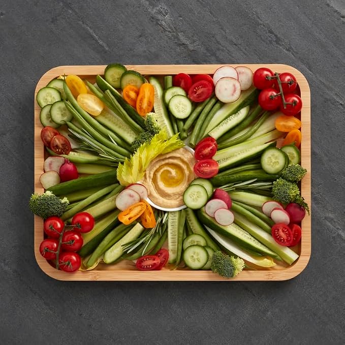 Farberware Bamboo Cutting Board with Clear Locking Lid, 11x14 Inches - Charcuterie Board with Recessed Handles, Raised Edges, Reversible Surface - Make It, Take It, Enjoy It
