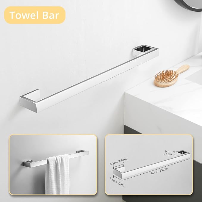 Fapully 23.6-Inch 6 Piece Bathroom Hardware Accessories Set Stainless Steel Wall Mounted Chrome Include Towel Bar,Hand Towel Holder,Toilet Paper Holder,Robe Towel Hook,Coat Hook,Towel bar Set.