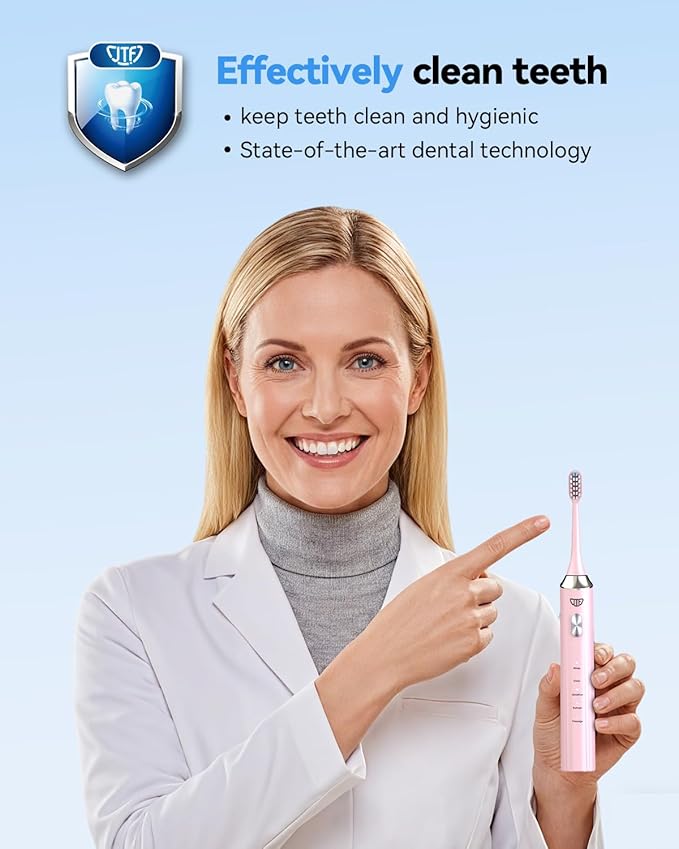 JTF Sonic Electric Toothbrush with UV Sanitizing & Drying: 5 Modes for Effective Yet Gentle Cleaning – with 6 Brush Heads, Rinse Cup, Wireless Charging Base, Rechargeable for Daily Care, Home & Travel