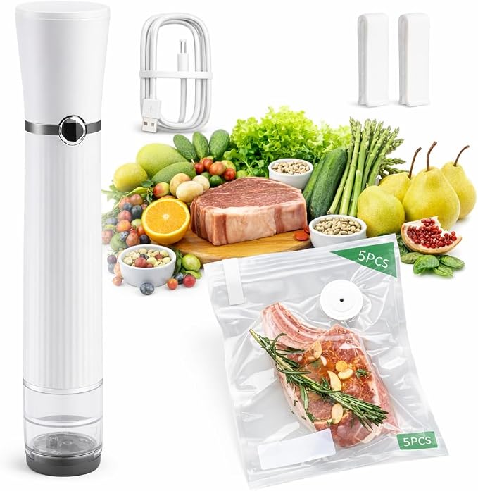 Handheld Vacuum Sealer, Detachable & Easy to Clean, Includes 5 Reusable Bags, Portable Food Saver, Extends Freshness 10x, Auto Power Off, for Kitchen, Travel & Outdoor