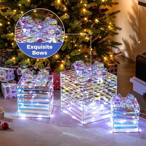 Tangkula Set of 3 Christmas Lighted Gift Boxes, Christmas Decorations