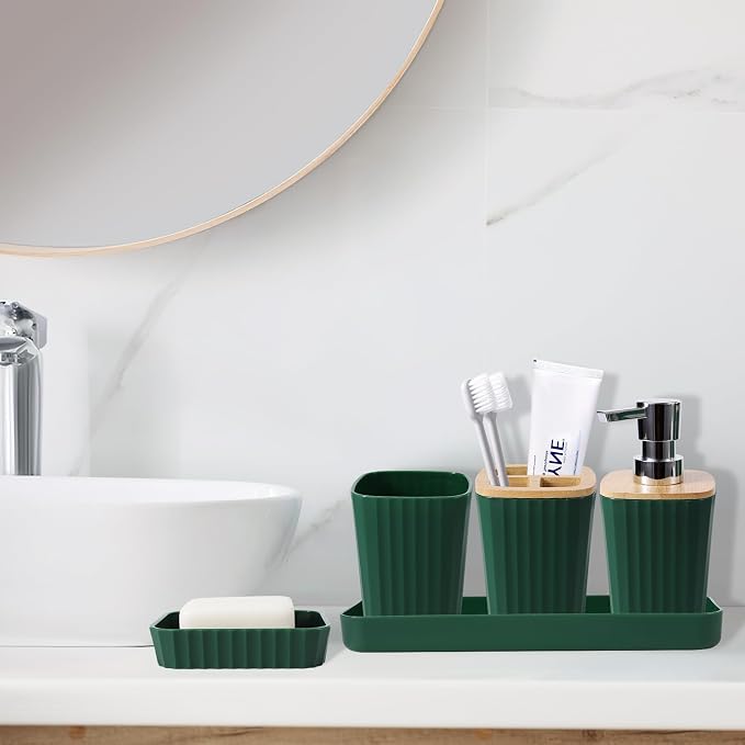 XLHOMO Dark Green Bathroom Set - Green Bathroom Accessories Set, 24PCS Bathroom Accessory Set with Shower Curtain, Bath Towels, Trash Can, Soap Dispenser, Green Bathroom Accessories for Home