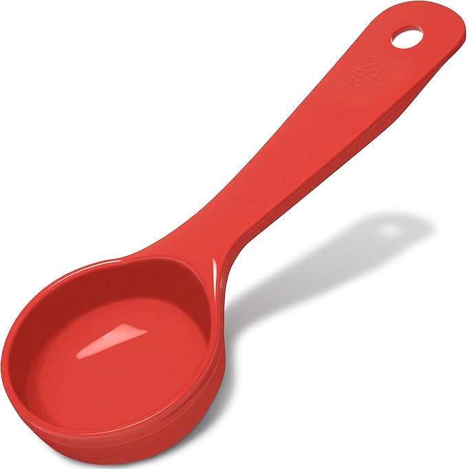 Carlisle FoodService Products 7.10 " 2 Ounce Solid Measuring Spoon – Flat Bottom – Portion Control Spoon – Short Handle Spoon, Red, (Pack of 12)