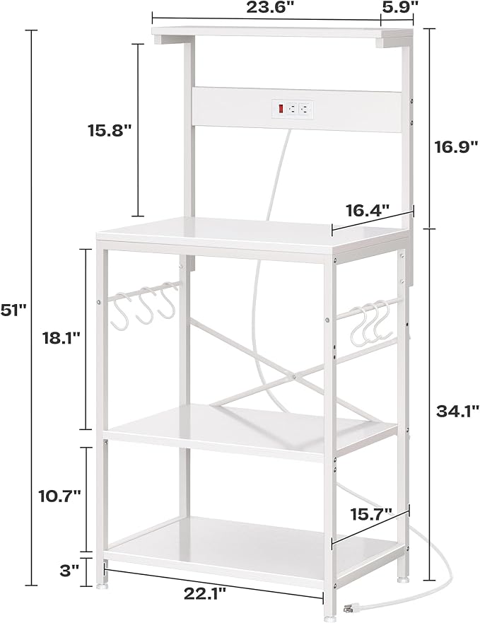SUPERJARE Kitchen Bakers Rack with Power Outlet, Coffee Bar Table 4 Tiers, Kitchen Microwave Stand with 6 S-Shaped Hooks, Storage Shelf Rack for Spices, Pots and Pans - White
