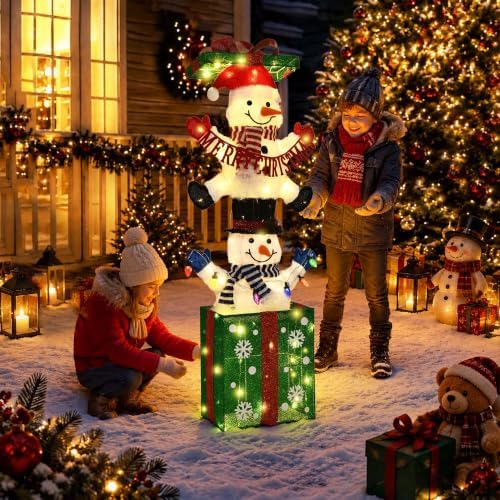 Snowman in Gift Box Outdoor Christmas Decoration with Timer&Remote Control