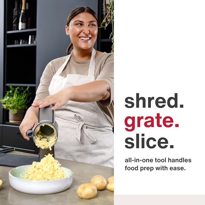 Zyliss Rotary Grater - Includes Universal, Gourmet, Puree & Julienne Drums for Grating Cheese, Vegetables, Chocolates & Nuts - Includes Non-Slip Suction Foot & Table Clamp - 6 Steel Drums