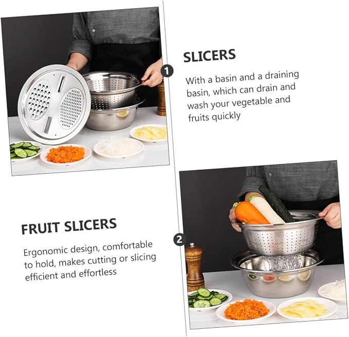 SHOWERORO 1set Stainless Steel Vegetable Peeler Grater Kitchenware Set for Multi-purpose Food Preparation and Easy Washing Includes Draining Basin and Thickened Bowl