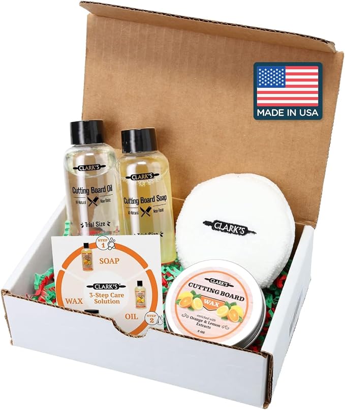 CLARK'S Cutting Board Care Gift Set | Includes Food Grade Mineral Oil, Cutting Board Wax & Wood Cleaner, Buffing Pads - Restores & Protects