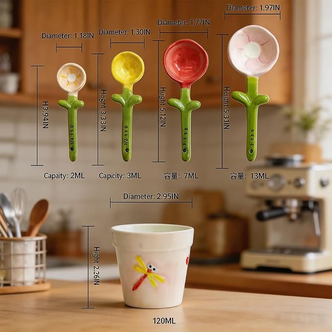 Ceramic Measuring Spoons, 2027 New Flower Measuring Spoons Set In Pot, with Base Decorative Flower Pot and Cup Set for Home and Kitchen (Blue base)