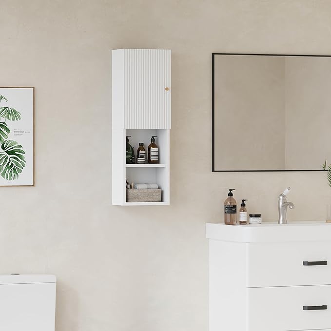 Qupui Fluted Bathroom Wall Cabinet, 31.5" Tall 4-Tier Narrow Medicine Cabinet Organizer with Adjustable Shelf & Doors, Wall Mounted Storage Cabinet for Bathroom, Laundry Room, Small Kitchen (White)