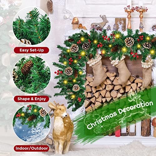 Christmas Garland, 12FT Prelit Christmas Garland with 100 LED Lights, Greenery Xmas Garland with 20 Pine Cones 90 Red Berry Christmas Decoration for Indoor Outdoor Home Mantel Fireplace